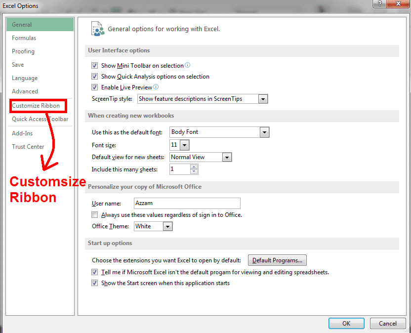Gambar Tampilan Options-Customsize Ribbon Microsoft Excel